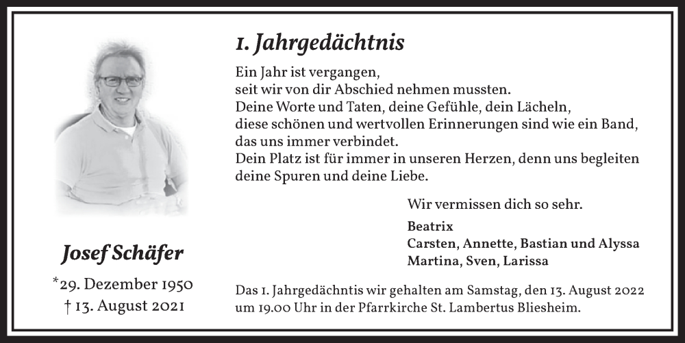  Traueranzeige für Josef Schäfer vom 05.08.2022 aus  Werbepost 