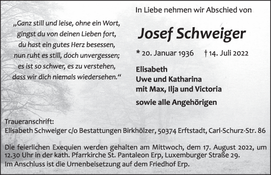 Anzeige von Josef Schweiger von  Werbepost 