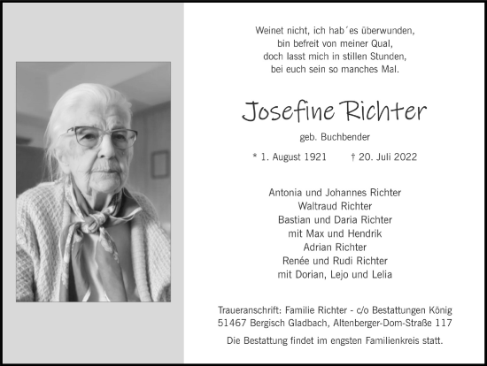 Anzeige von Josefine Richter von  Bergisches Handelsblatt 