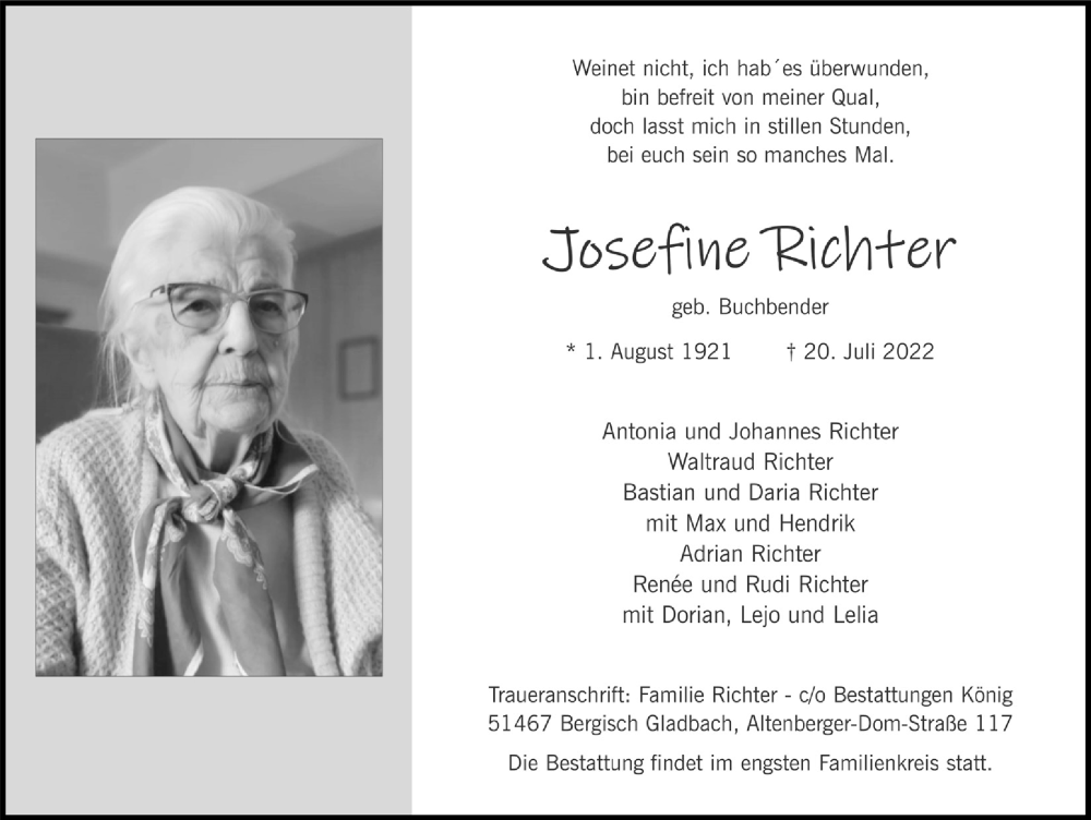 Traueranzeige für Josefine Richter vom 05.08.2022 aus  Bergisches Handelsblatt 