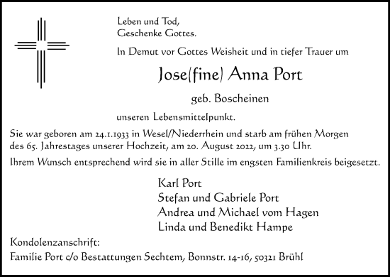 Anzeige von Josefine Anna Port von Kölner Stadt-Anzeiger / Kölnische Rundschau / Express