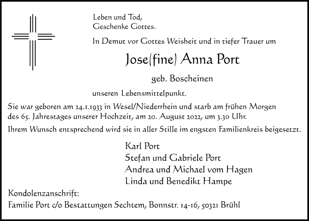  Traueranzeige für Josefine Anna Port vom 26.08.2022 aus  EXPRESS - Die Woche 
