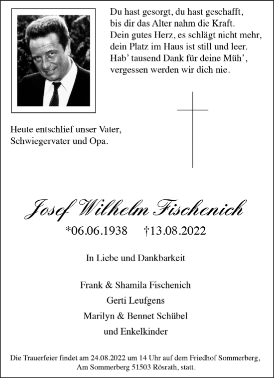 Anzeige von Josef Wilhelm Fischenich von  Bergisches Handelsblatt 