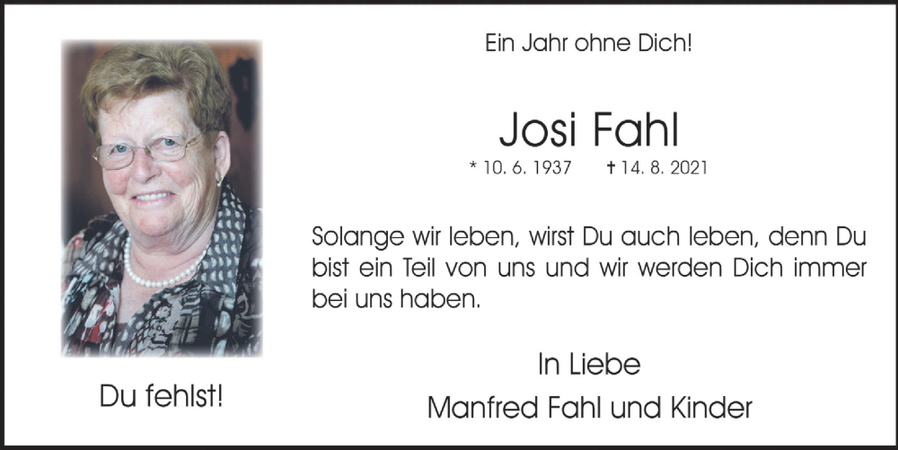  Traueranzeige für Josi Fahl vom 12.08.2022 aus  Schaufenster/Blickpunkt 