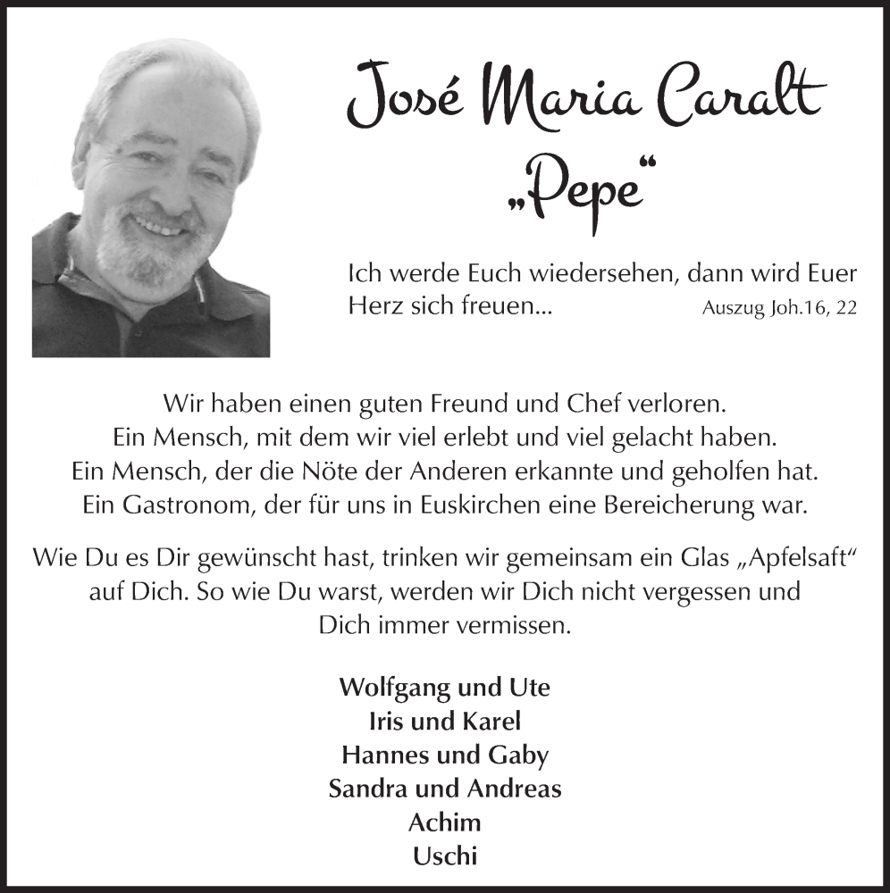  Traueranzeige für José Maria Caralt vom 06.08.2022 aus  Blickpunkt Euskirchen 