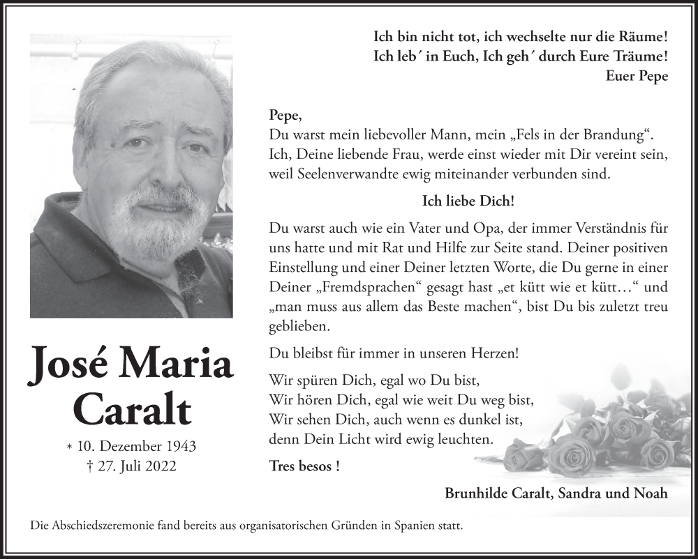  Traueranzeige für José Maria Caralt vom 06.08.2022 aus  Blickpunkt Euskirchen 