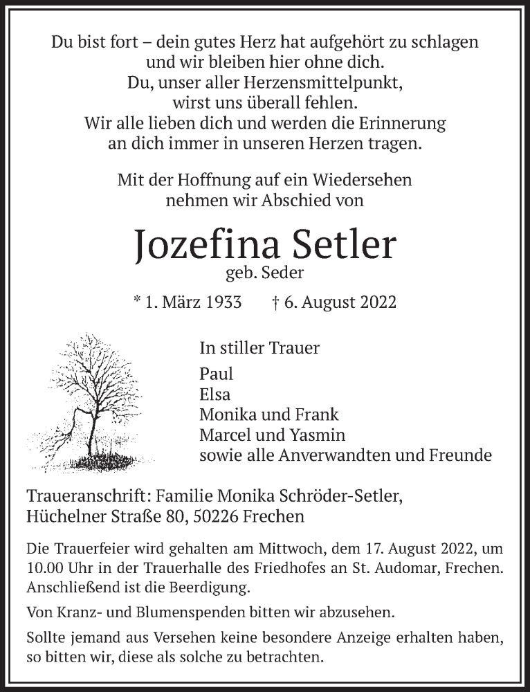 Traueranzeige für Jozefina Setler vom 12.08.2022 aus  Wochenende 