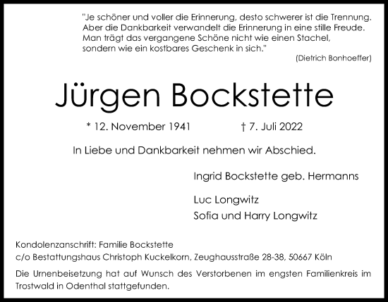 Anzeige von Jürgen Bockstette von Kölner Stadt-Anzeiger / Kölnische Rundschau / Express