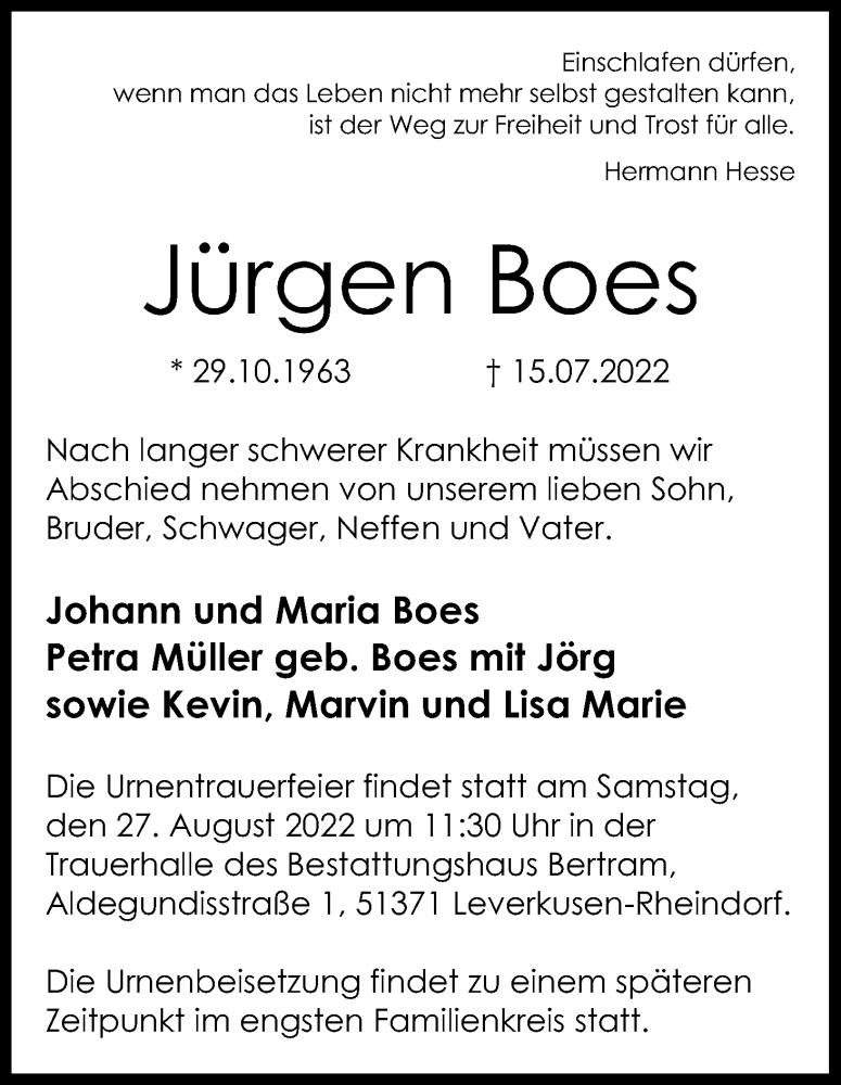  Traueranzeige für Jürgen Boes vom 20.08.2022 aus Kölner Stadt-Anzeiger / Kölnische Rundschau / Express