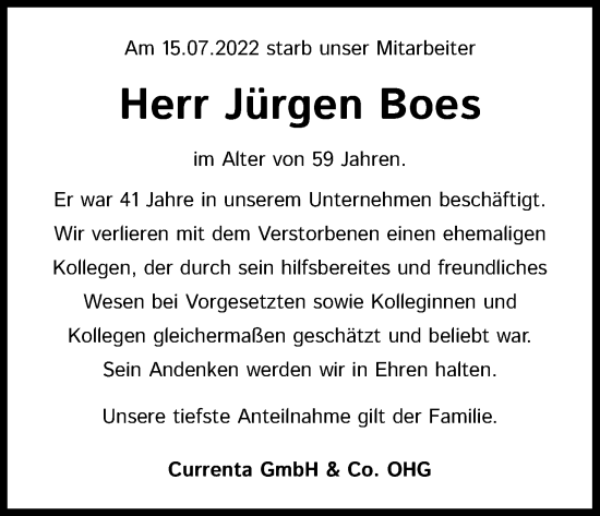 Anzeige von Jürgen Boes von Kölner Stadt-Anzeiger / Kölnische Rundschau / Express