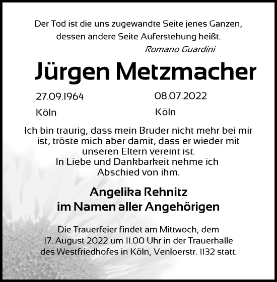 Anzeige von Jürgen Metzmacher von Kölner Stadt-Anzeiger / Kölnische Rundschau / Express