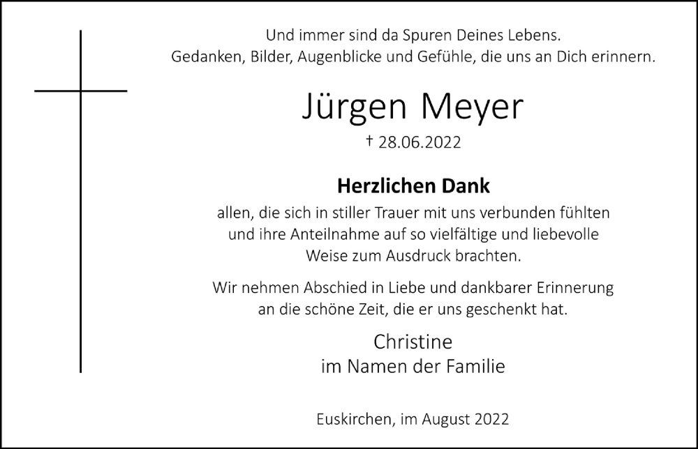  Traueranzeige für Jürgen Meyer vom 06.08.2022 aus  Blickpunkt Euskirchen 