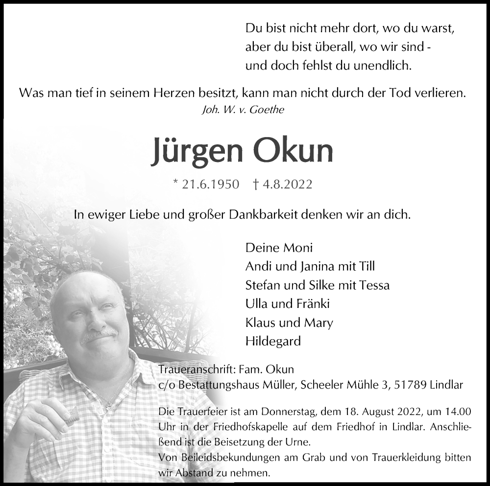  Traueranzeige für Jürgen Okun vom 13.08.2022 aus Kölner Stadt-Anzeiger / Kölnische Rundschau / Express