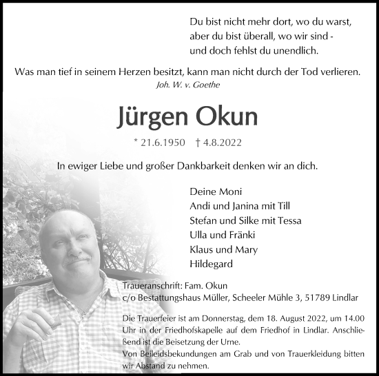 Anzeige von Jürgen Okun von Kölner Stadt-Anzeiger / Kölnische Rundschau / Express