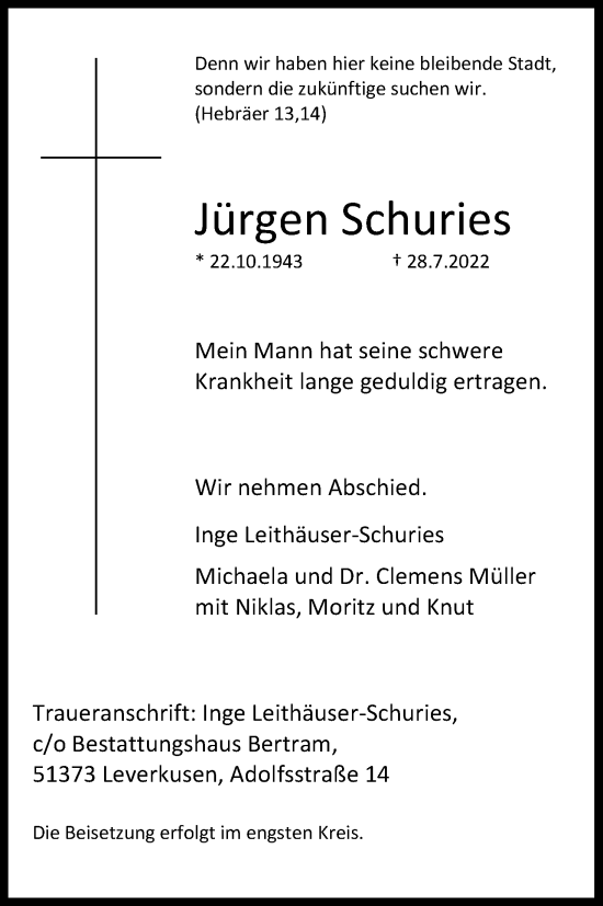 Anzeige von Jürgen Schurfes von Kölner Stadt-Anzeiger / Kölnische Rundschau / Express