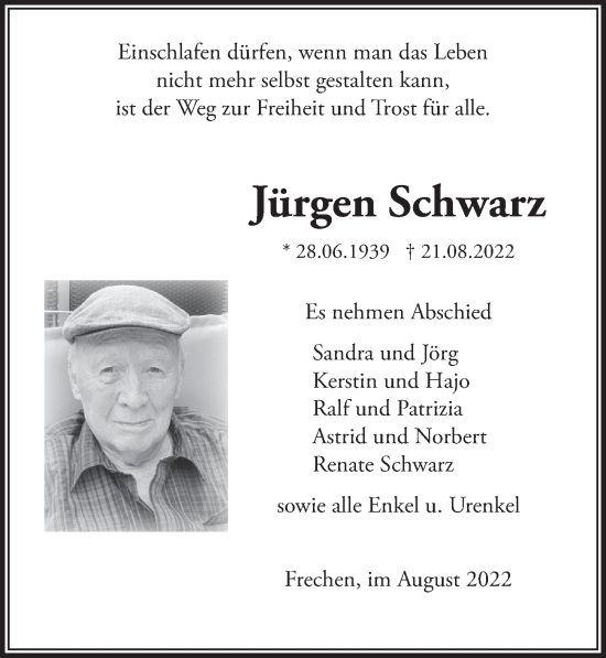 Anzeige von Jürgen Schwarz von  Wochenende 