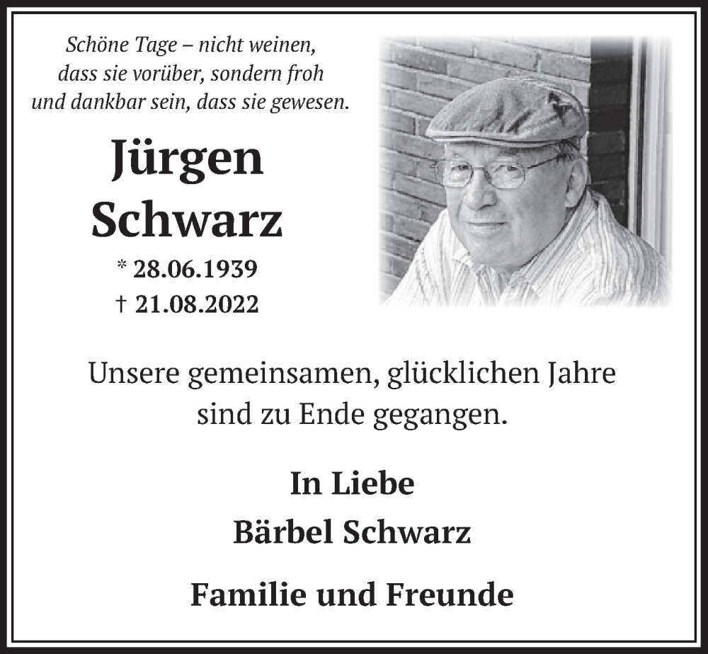  Traueranzeige für Jürgen Schwarz vom 26.08.2022 aus  Wochenende 