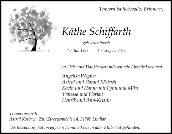 Anzeige von Käthe Schiffarth von Kölner Stadt-Anzeiger / Kölnische Rundschau / Express
