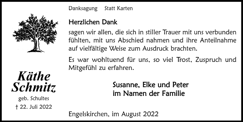  Traueranzeige für Käthe Schmitz vom 19.08.2022 aus  Anzeigen Echo 