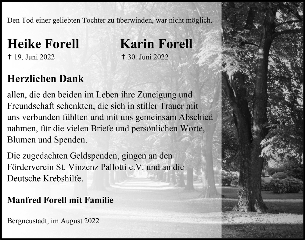  Traueranzeige für Karin Forell vom 19.08.2022 aus  Anzeigen Echo 
