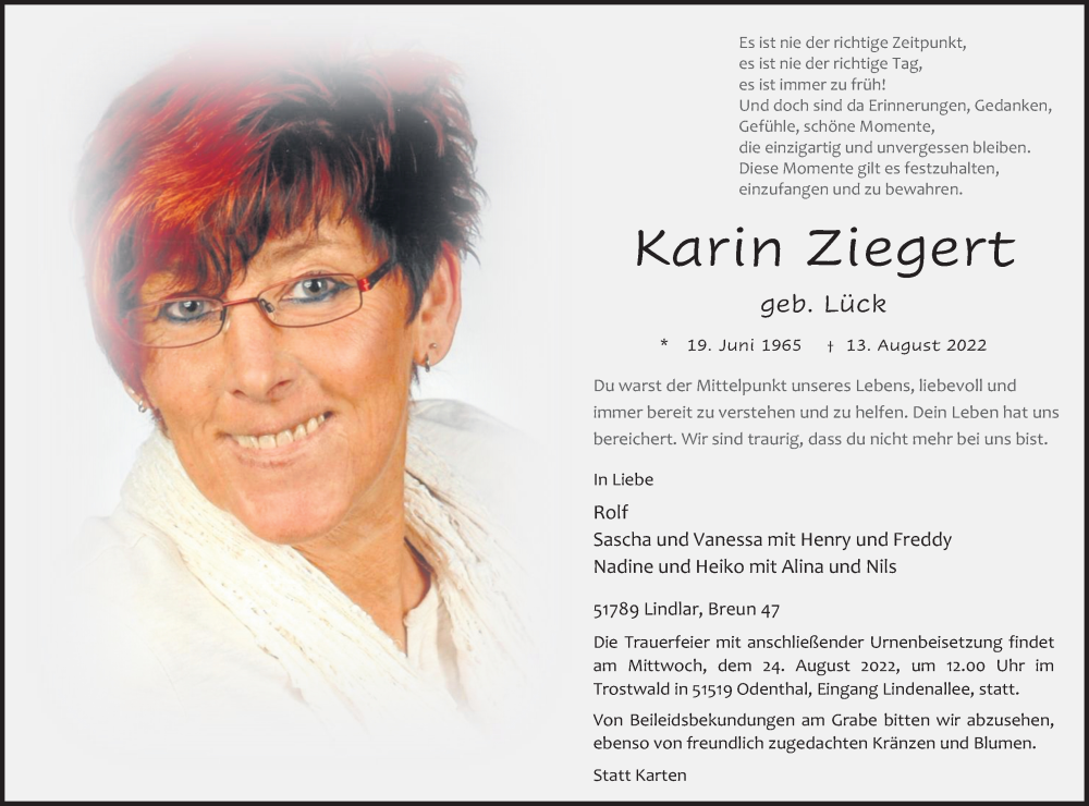  Traueranzeige für Karin Ziegert vom 20.08.2022 aus Kölner Stadt-Anzeiger / Kölnische Rundschau / Express
