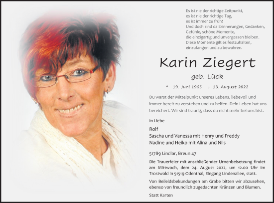 Anzeige von Karin Ziegert von Kölner Stadt-Anzeiger / Kölnische Rundschau / Express