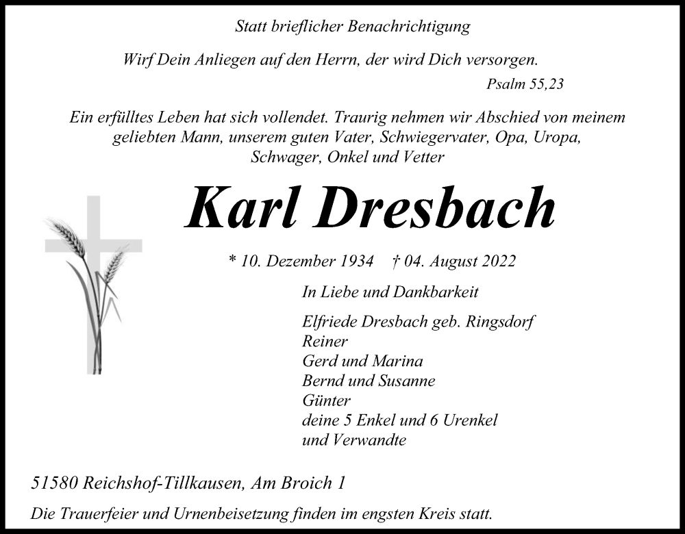  Traueranzeige für Karl Dresbach vom 09.08.2022 aus Kölner Stadt-Anzeiger / Kölnische Rundschau / Express