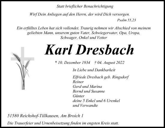 Anzeige von Karl Dresbach von Kölner Stadt-Anzeiger / Kölnische Rundschau / Express