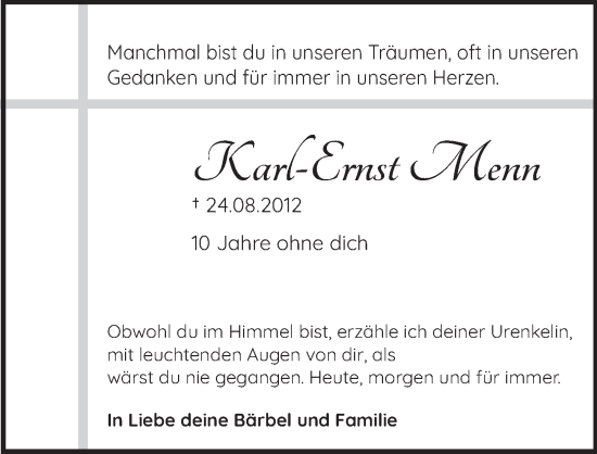 Anzeige von Karl-Ernst Menn von  Anzeigen Echo 