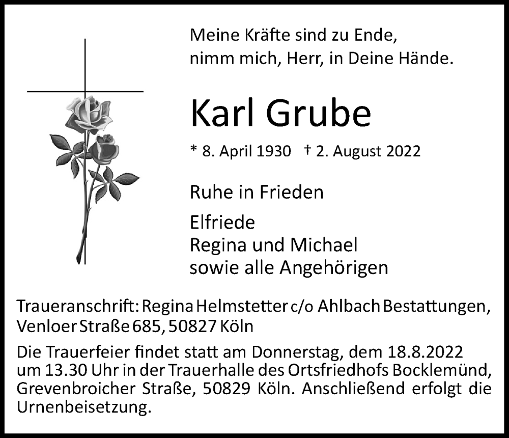  Traueranzeige für Karl Grube vom 13.08.2022 aus Kölner Stadt-Anzeiger / Kölnische Rundschau / Express
