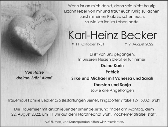 Anzeige von Karl-Heinz Becker von  Schlossbote/Werbekurier 