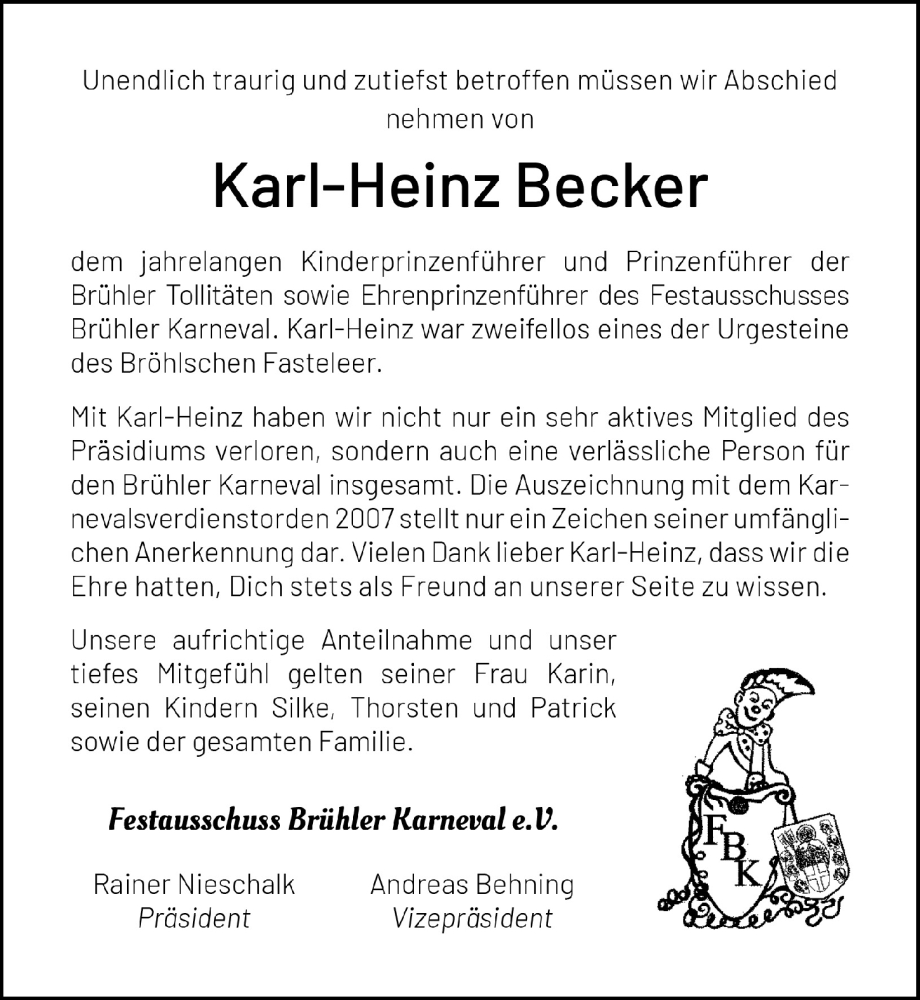 Traueranzeige für Karl-Heinz Becker vom 19.08.2022 aus  Schlossbote/Werbekurier 