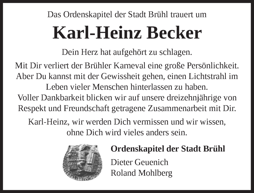  Traueranzeige für Karl-Heinz Becker vom 19.08.2022 aus  Schlossbote/Werbekurier 