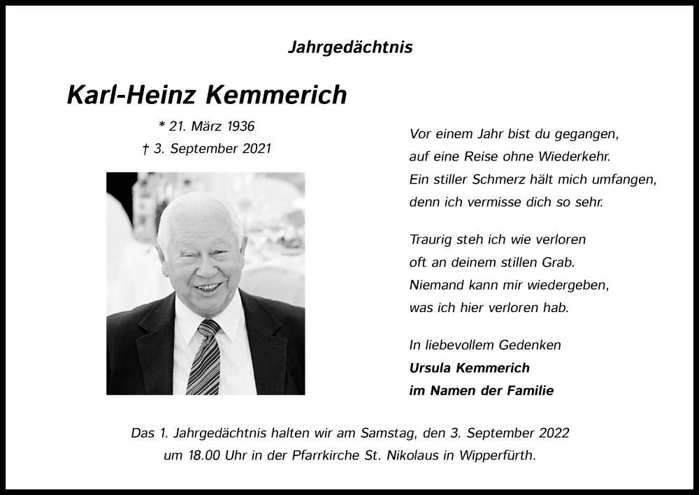  Traueranzeige für Karl-Heinz Kemmerich vom 27.08.2022 aus Kölner Stadt-Anzeiger / Kölnische Rundschau / Express