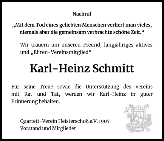 Anzeige von Karl-Heinz Schmitt von Kölner Stadt-Anzeiger / Kölnische Rundschau / Express