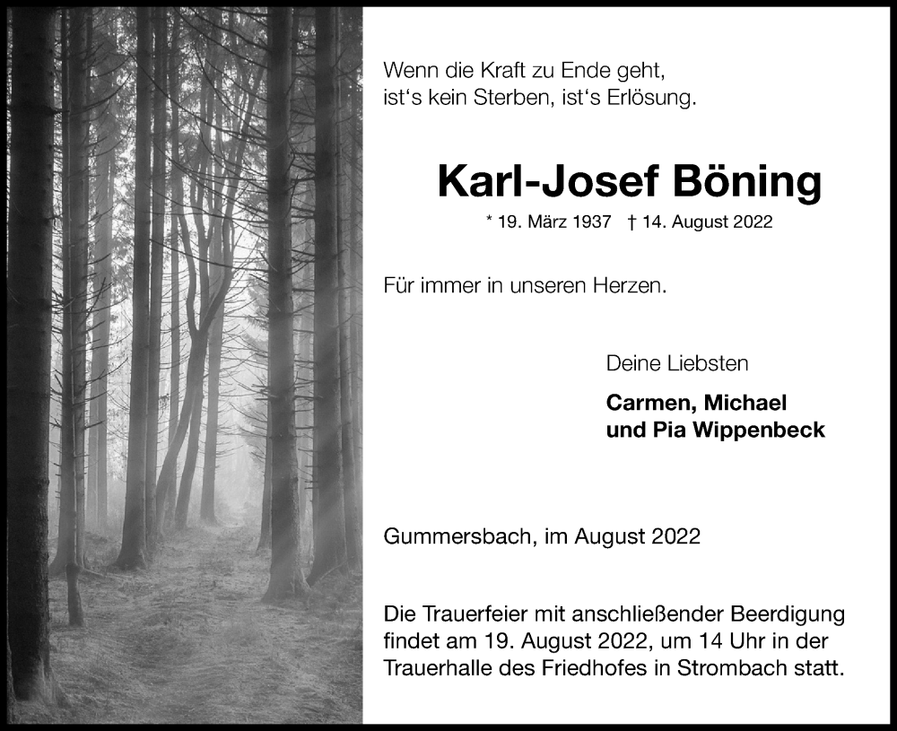  Traueranzeige für Karl-Josef Böning vom 17.08.2022 aus Kölner Stadt-Anzeiger / Kölnische Rundschau / Express