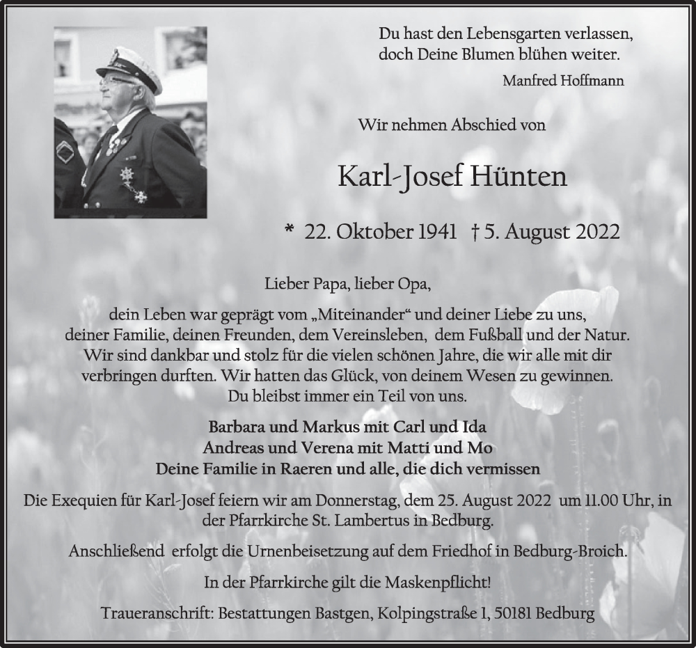  Traueranzeige für Karl-Josef Hünten vom 19.08.2022 aus  Werbepost 
