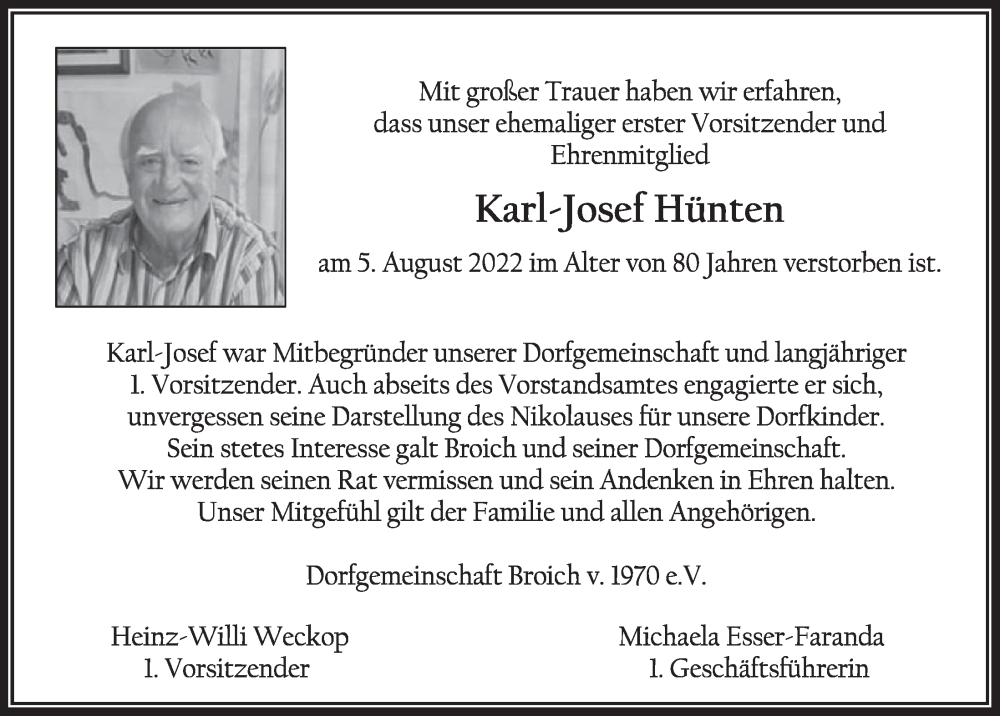 Traueranzeige für Karl-Josef Hünten vom 19.08.2022 aus  Werbepost 