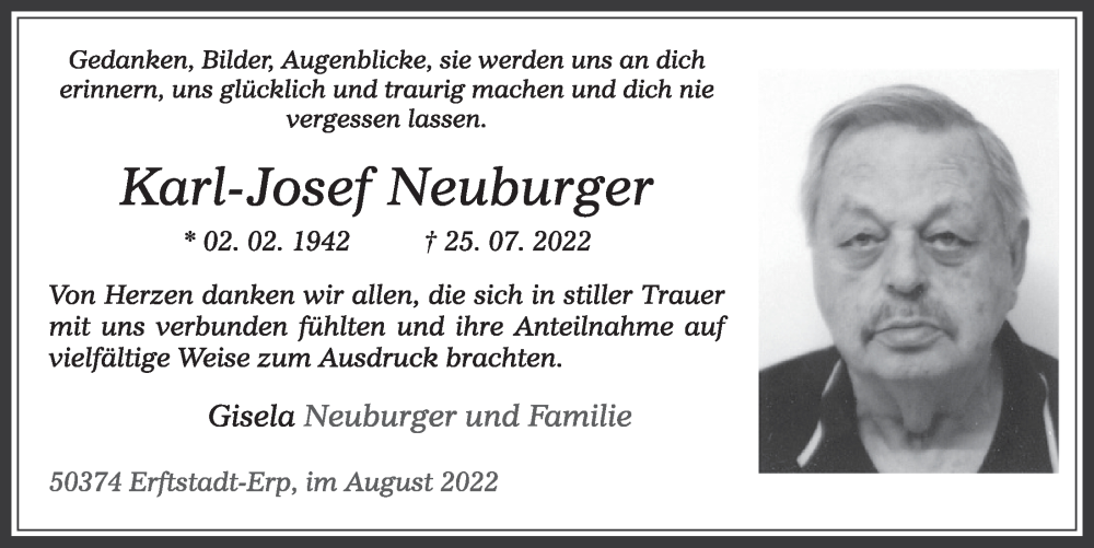  Traueranzeige für Karl-Josef Neuburger vom 26.08.2022 aus  Werbepost 