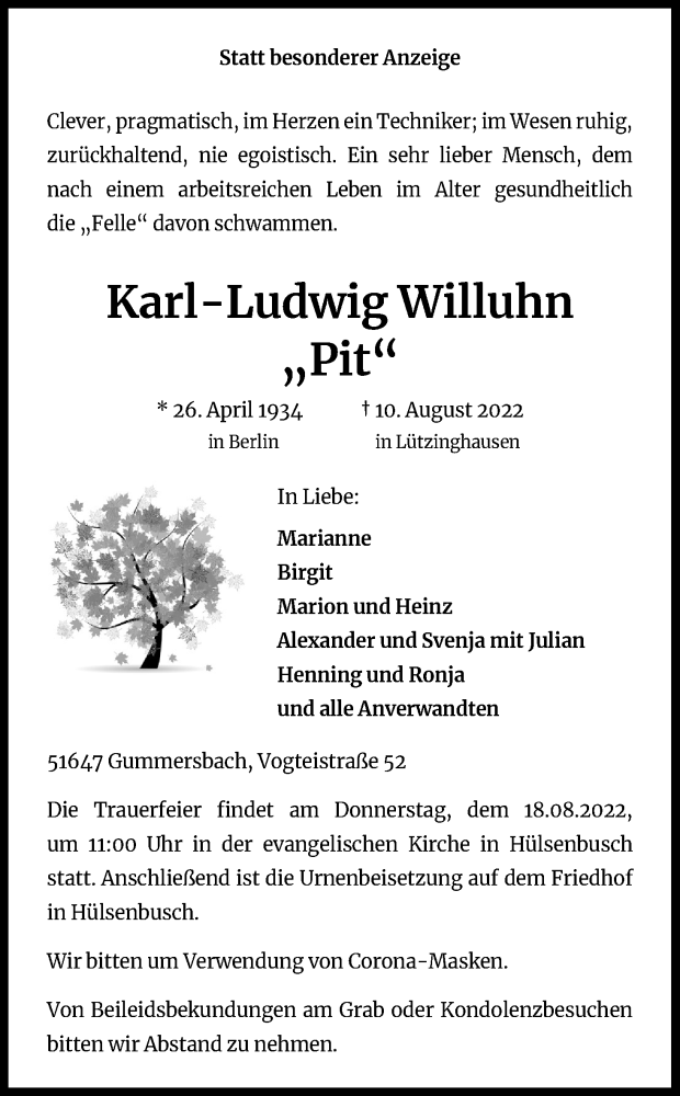  Traueranzeige für Karl-Ludwig Willuhn vom 13.08.2022 aus Kölner Stadt-Anzeiger / Kölnische Rundschau / Express