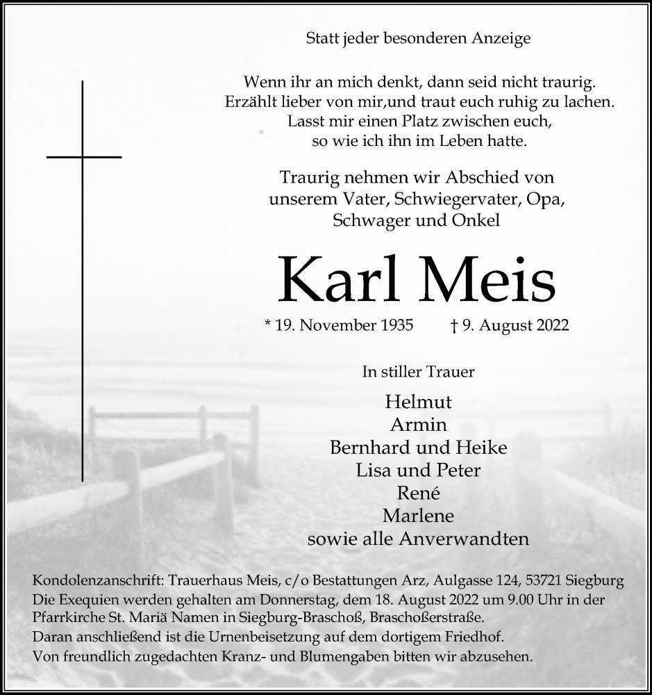  Traueranzeige für Karl Meis vom 16.08.2022 aus Kölner Stadt-Anzeiger / Kölnische Rundschau / Express