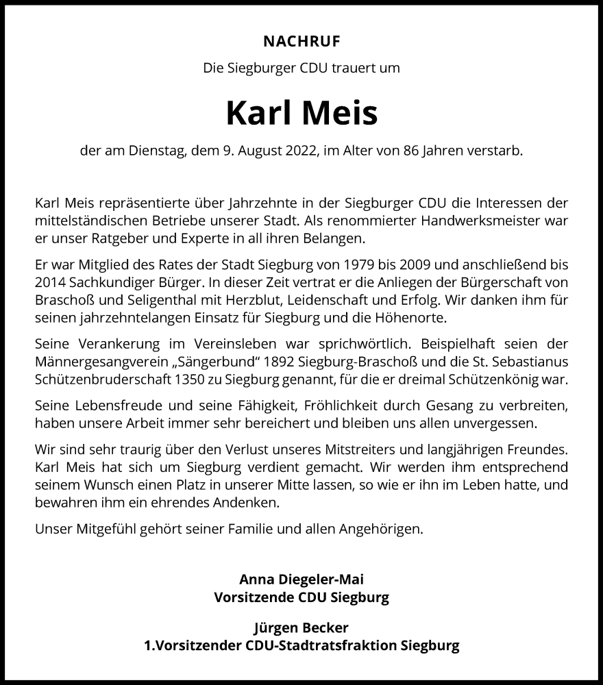  Traueranzeige für Karl Meis vom 20.08.2022 aus Kölner Stadt-Anzeiger / Kölnische Rundschau / Express