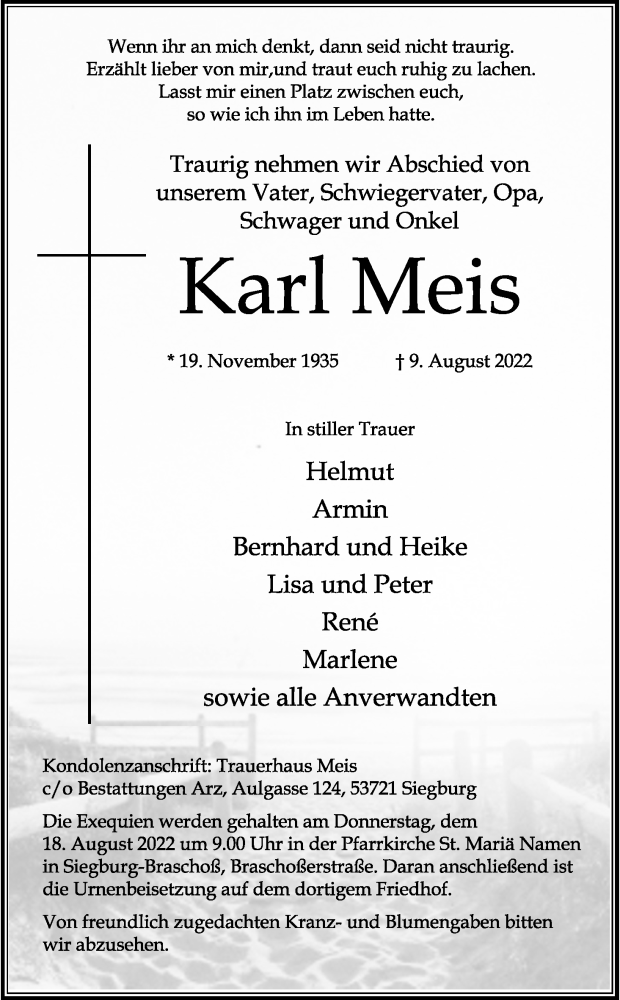  Traueranzeige für Karl Meis vom 13.08.2022 aus Kölner Stadt-Anzeiger / Kölnische Rundschau / Express