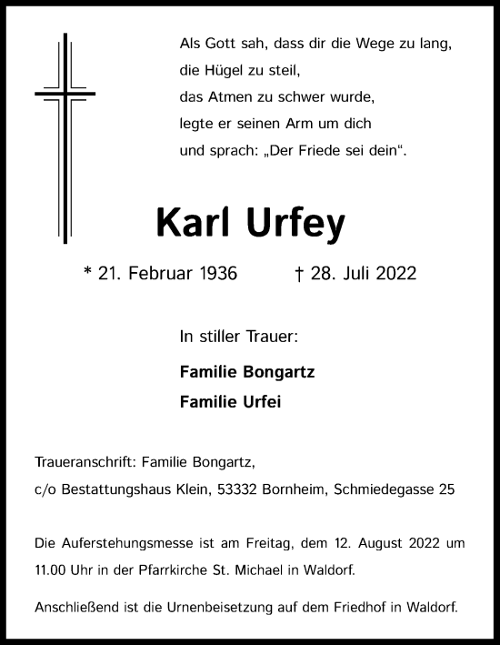 Anzeige von Karl Urfey von Kölner Stadt-Anzeiger / Kölnische Rundschau / Express
