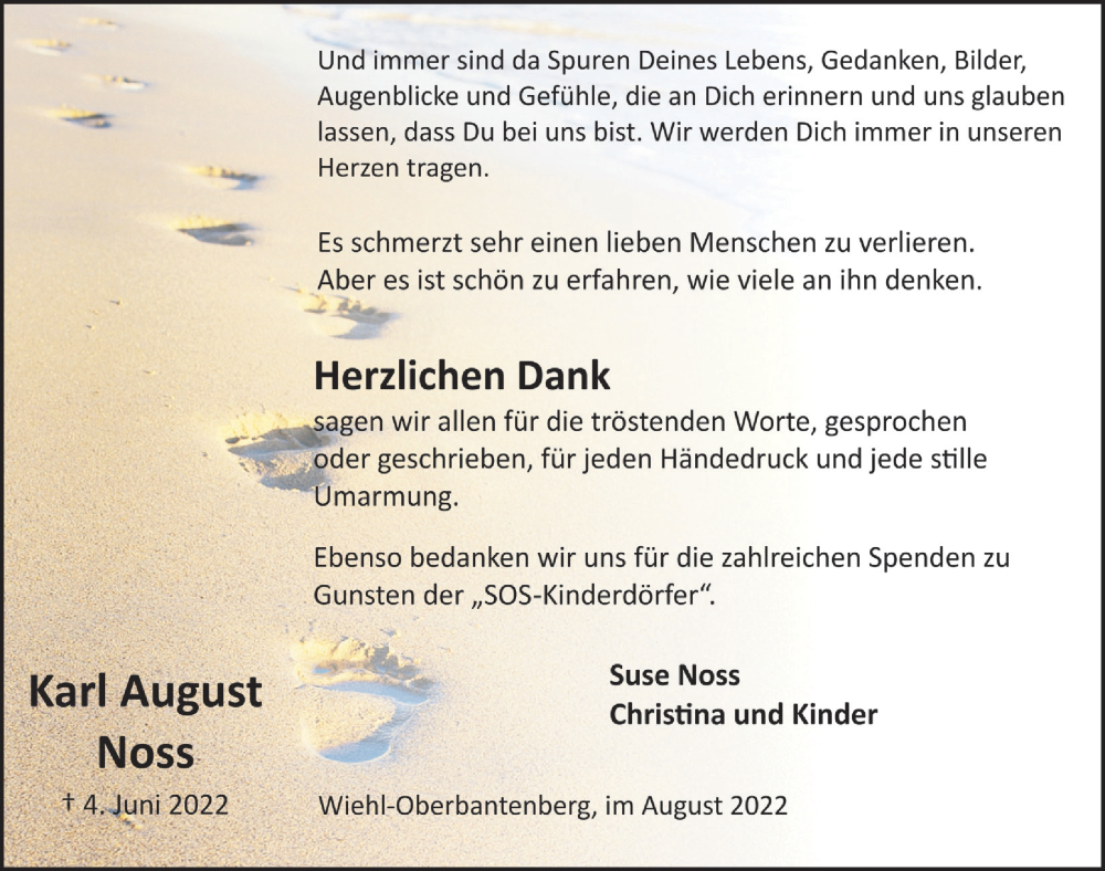  Traueranzeige für Karl August Noss vom 05.08.2022 aus  Anzeigen Echo 