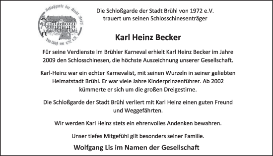 Anzeige von Karl Heinz Becker von  Schlossbote/Werbekurier 