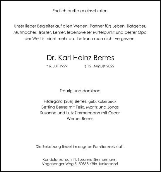 Anzeige von Karl Heinz Berres von Kölner Stadt-Anzeiger / Kölnische Rundschau / Express