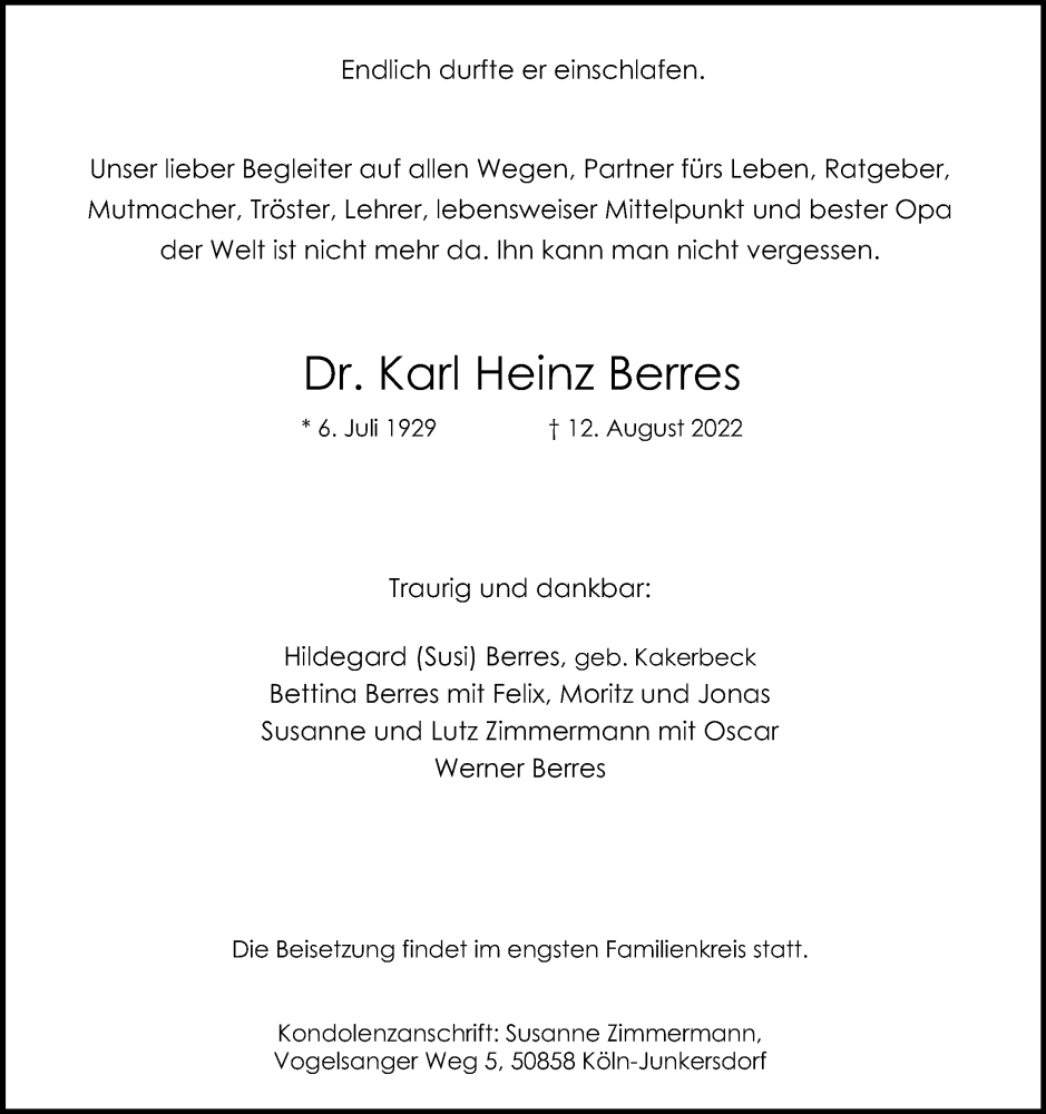  Traueranzeige für Karl Heinz Berres vom 20.08.2022 aus Kölner Stadt-Anzeiger / Kölnische Rundschau / Express
