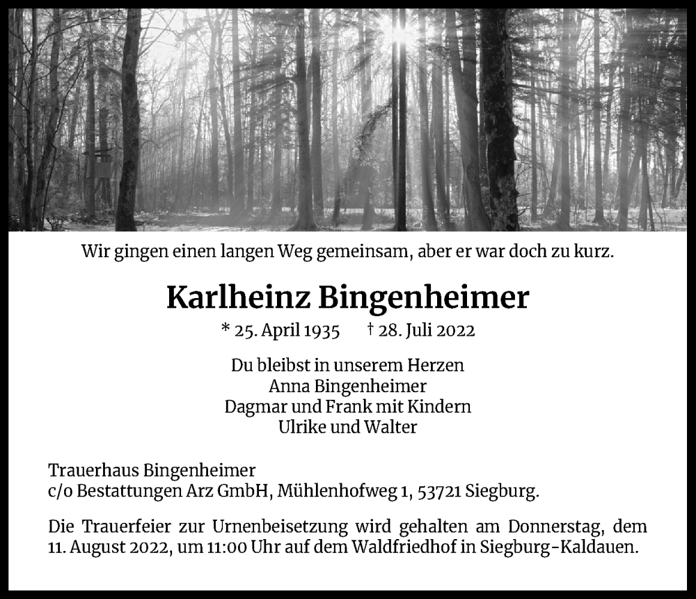  Traueranzeige für Karlheinz Bingenheimer vom 06.08.2022 aus Kölner Stadt-Anzeiger / Kölnische Rundschau / Express