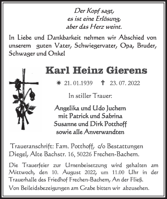 Anzeige von Karl Heinz Gierens von  Wochenende 